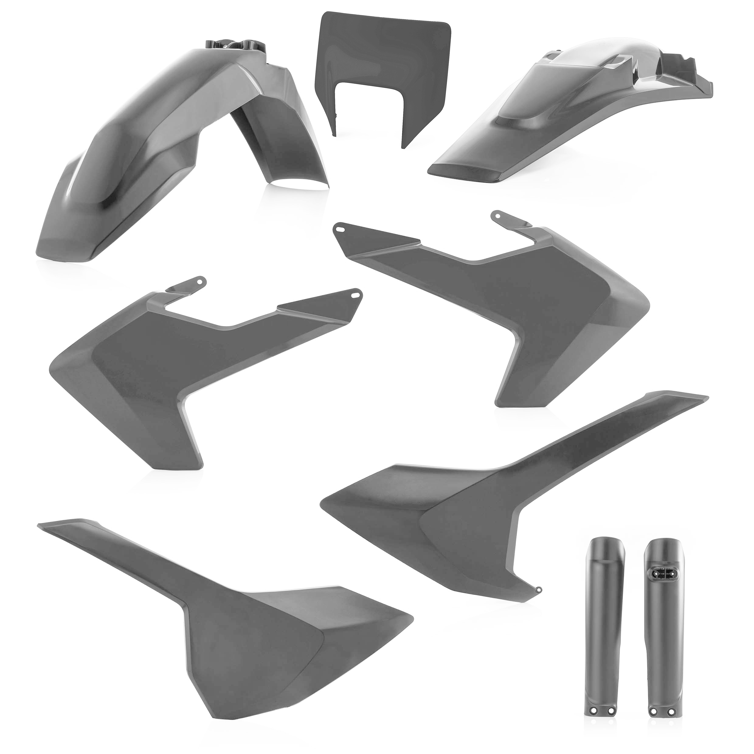 Plastikteile für deine Husqvarna FE / TE 125-501 in grau bestehend aus Kotflügel vorn Kotflügel hinten Kühlerspoiler Seitenteile Gabelschützer Lampenmaske