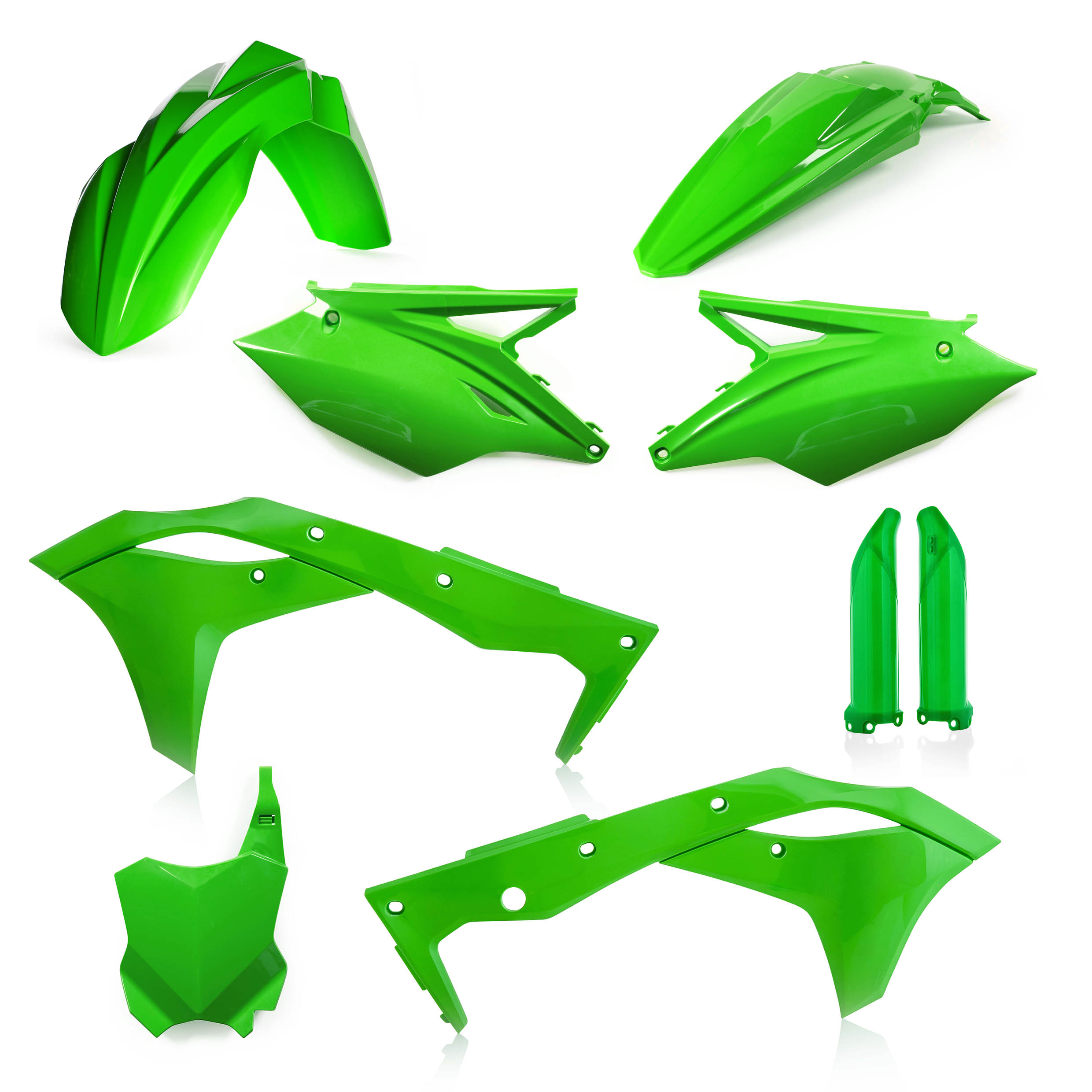 Plastikteile für deine Kawasaki KX 250 in grün bestehend aus Kotflügel vorn Kotflügel hinten Kühlerspoiler Seitenteile Gabelschützer Startnummerntafel