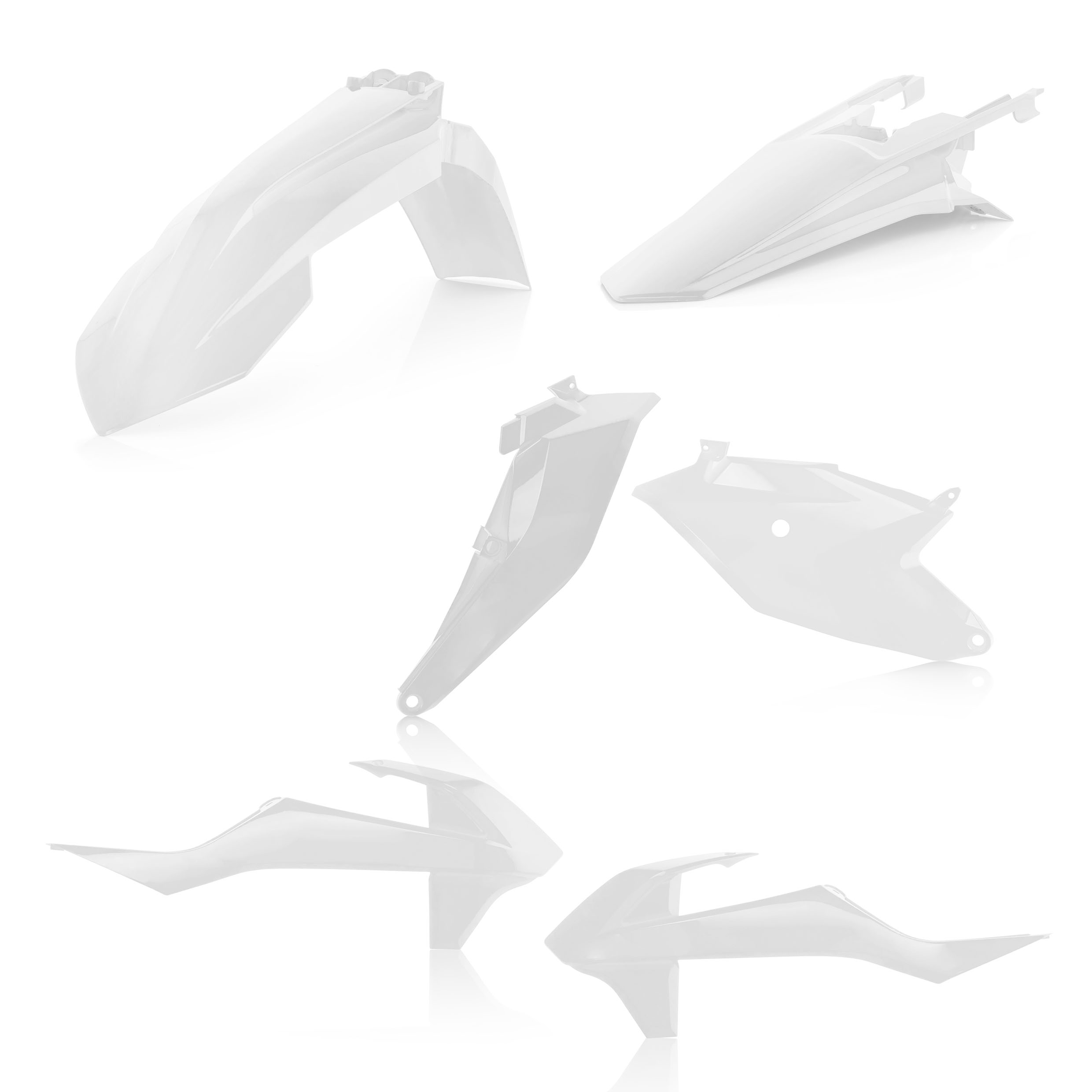 Plastikteile für deine KTM SX 85 in weiß bestehend aus Kotflügel vorn Kotflügel hinten Kühlerspoiler Seitenteile