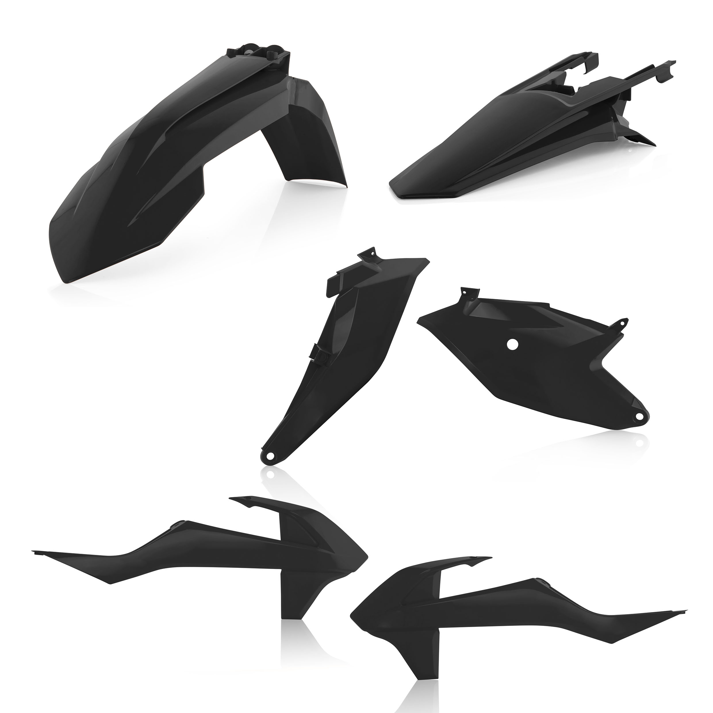 Plastikteile für deine KTM SX 85 in schwarz bestehend aus Kotflügel vorn Kotflügel hinten Kühlerspoiler Seitenteile