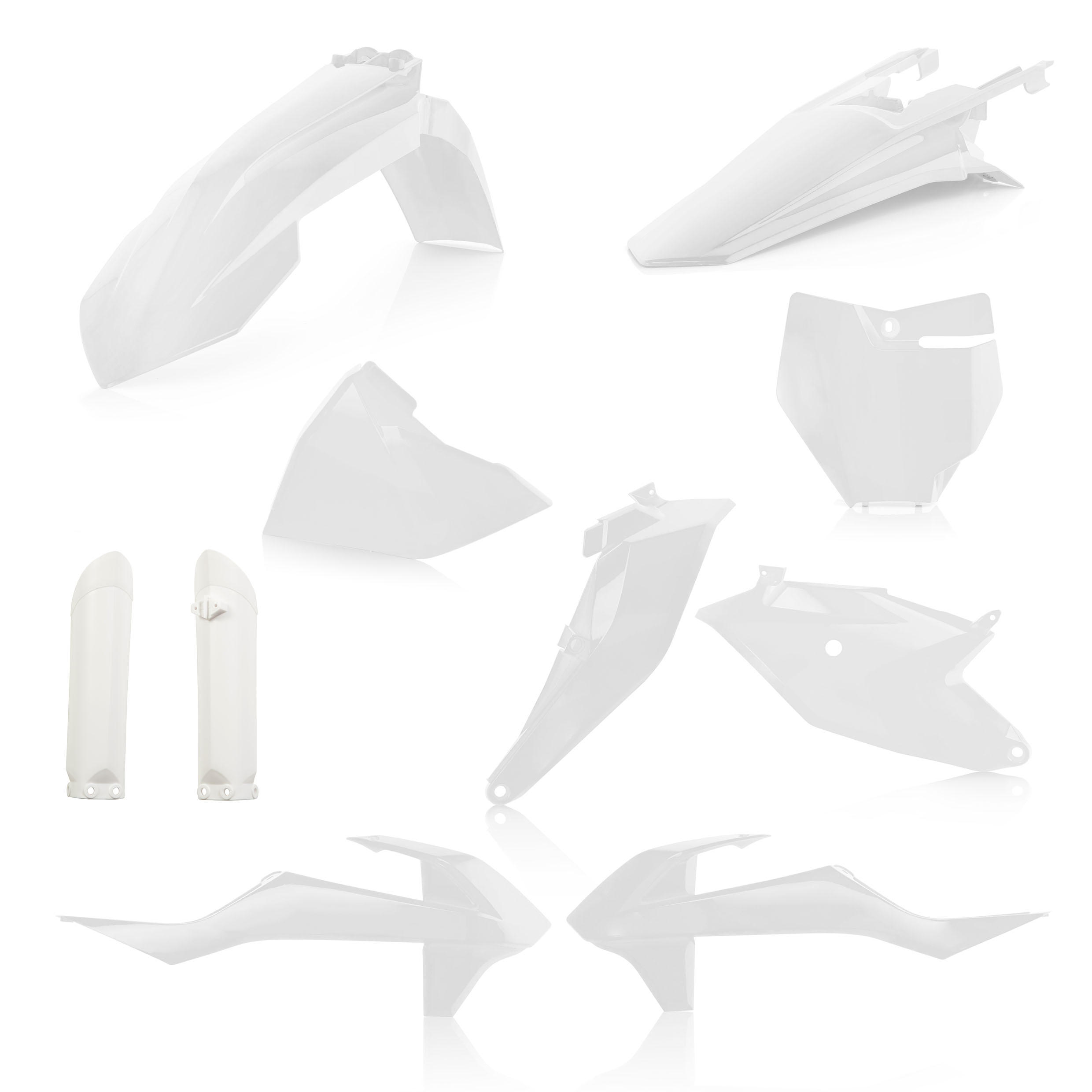 Plastikteile für deine KTM SX 85 in weiß bestehend aus Kotflügel vorn Kotflügel hinten Kühlerspoiler Seitenteile Gabelschützer Startnummerntafel Air Box Cover