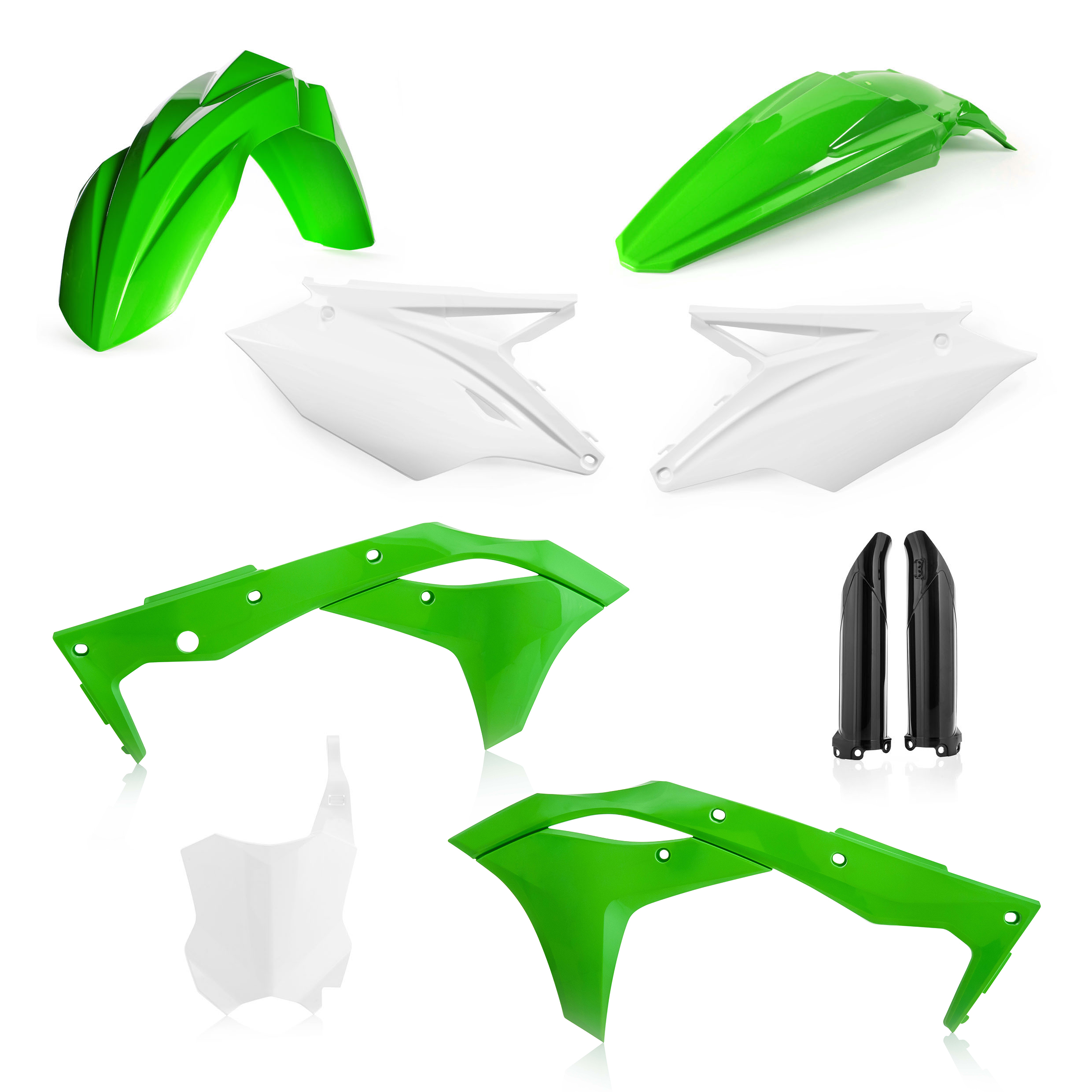 Plastikteile für deine Kawasaki KX 250 in original Farbe bestehend aus Kotflügel vorn Kotflügel hinten Kühlerspoiler Seitenteile Gabelschützer Startnummerntafel