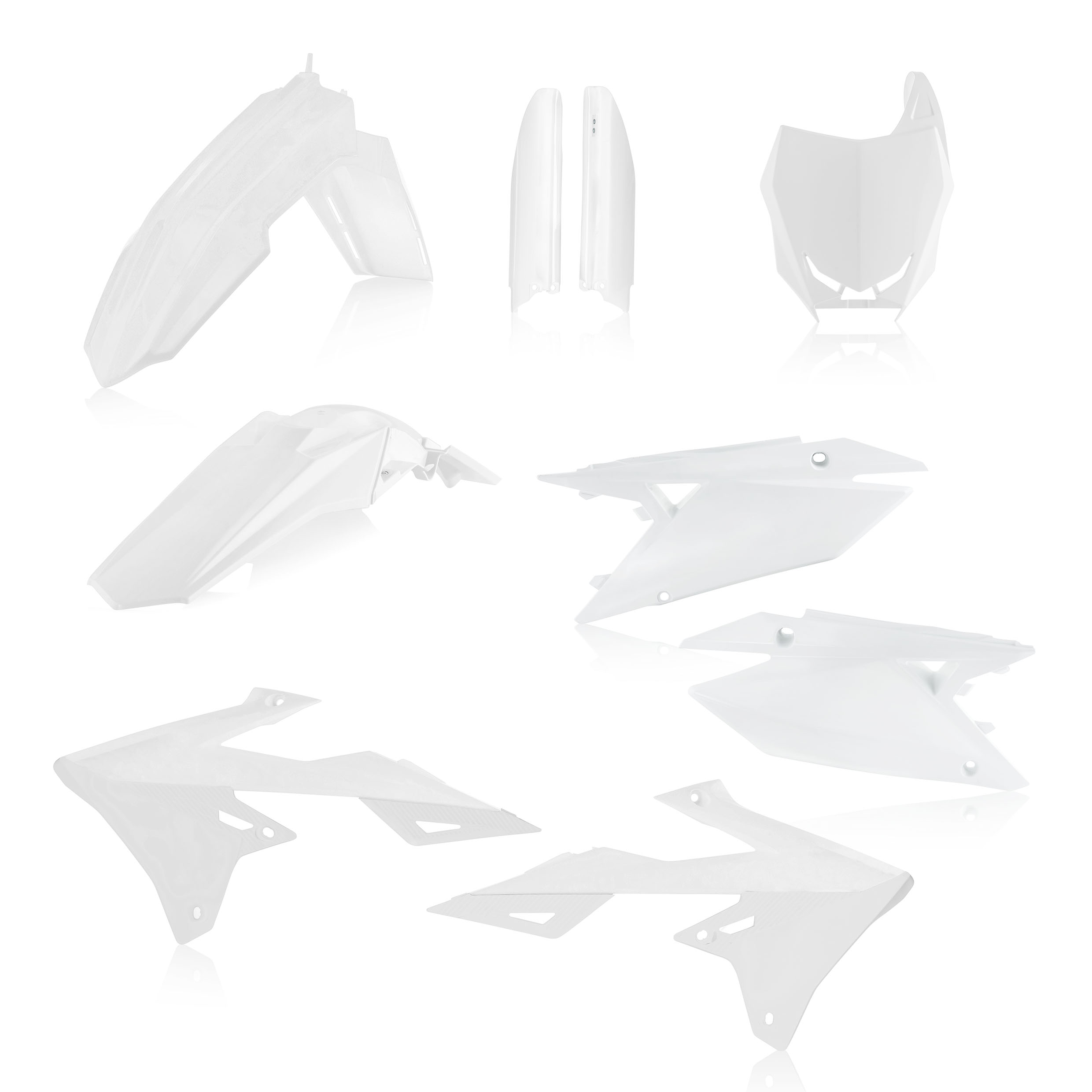 Plastikteile für deine Suzuki RM / RM-Z 250-450 in weiß bestehend aus Kotflügel vorn Kotflügel hinten Kühlerspoiler Seitenteile Gabelschützer Startnummerntafel