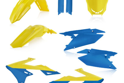 Plastikteile für deine Suzuki RM / RM-Z 250-450 in gelb-blau bestehend aus Kotflügel vorn Kotflügel hinten Kühlerspoiler Seitenteile Gabelschützer Startnummerntafel
