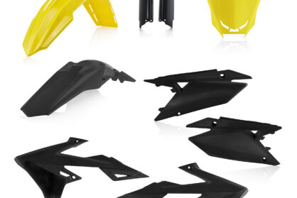 Plastikteile für deine Suzuki RM / RM-Z 250-450 in gelb-schwarz bestehend aus Kotflügel vorn Kotflügel hinten Kühlerspoiler Seitenteile Gabelschützer Startnummerntafel