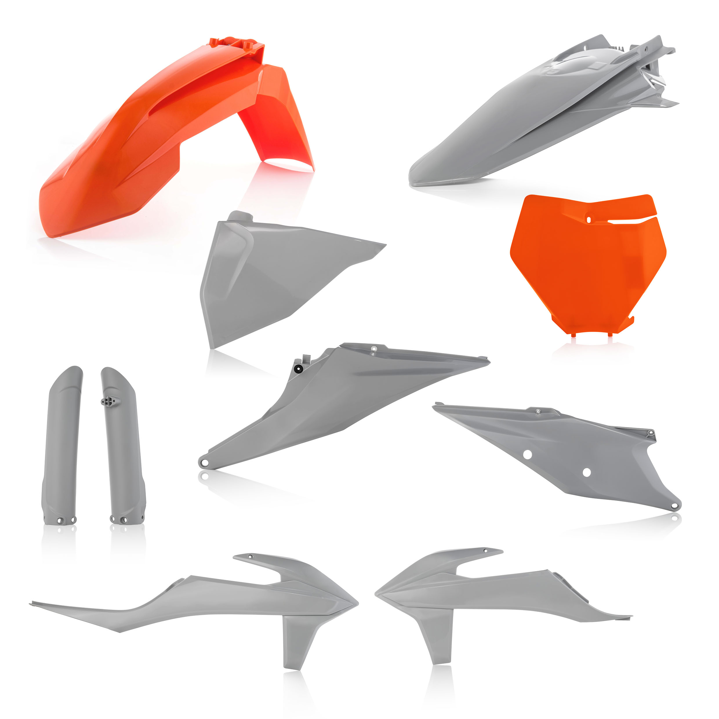 Plastikteile für deine KTM SX / SX-F 125-450 in orange-grau bestehend aus Kotflügel vorn Kotflügel hinten Kühlerspoiler Seitenteile Gabelschützer Startnummerntafel Air Box Cover
