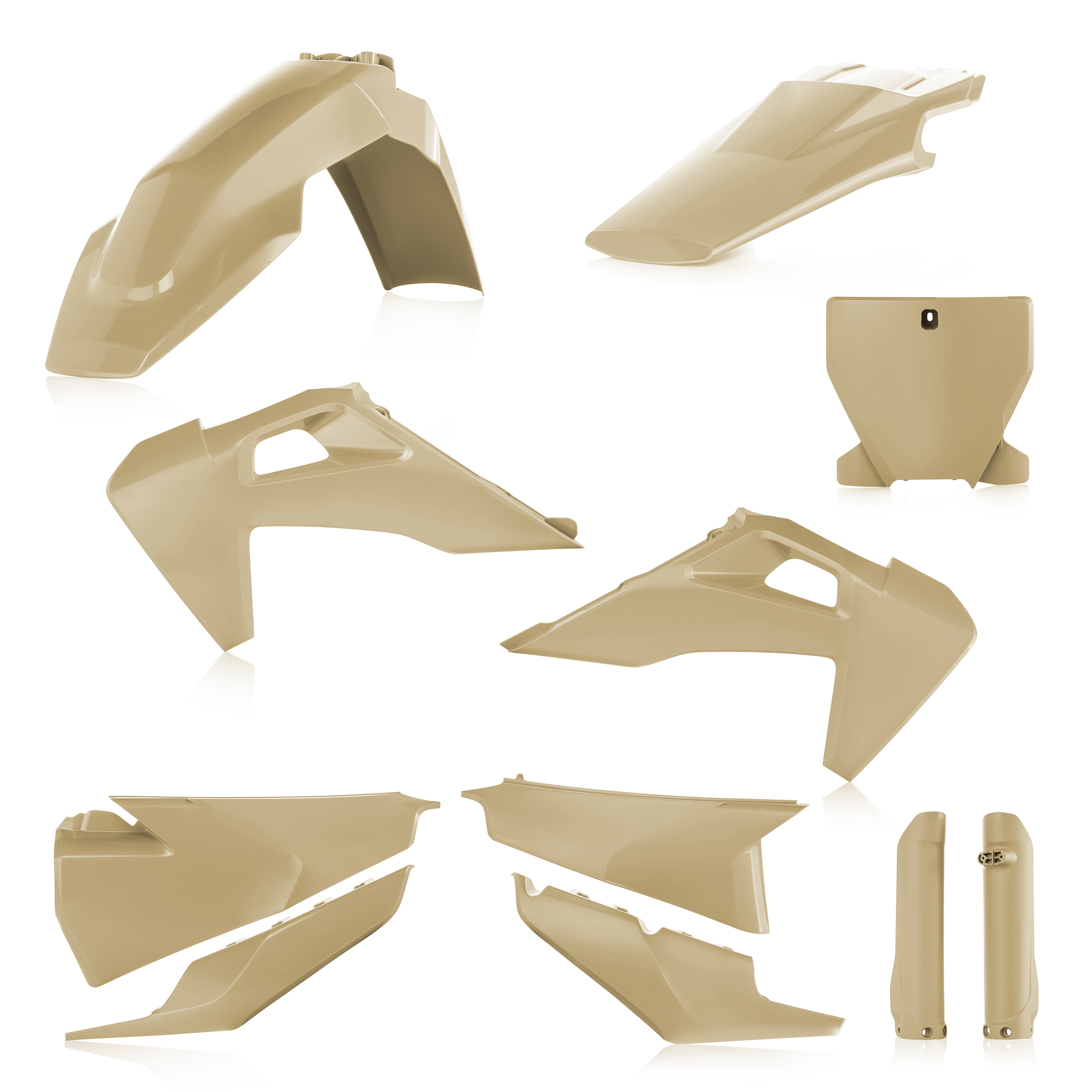 Plastikteile für deine Husqvarna FC / TC 125-450 in sand bestehend aus Kotflügel vorn Kotflügel hinten Kühlerspoiler Seitenteile Gabelschützer Startnummerntafel