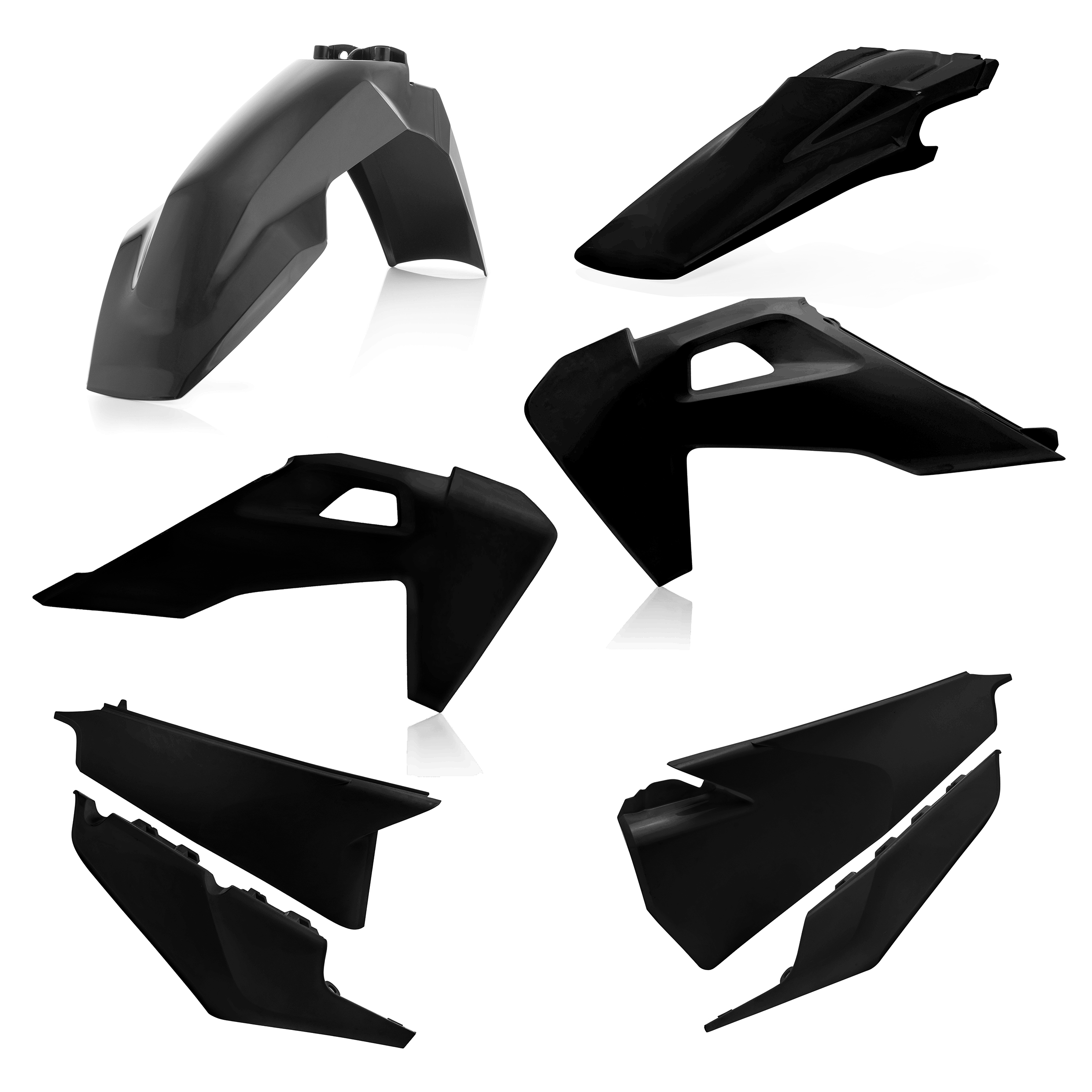 Plastikteile für deine Husqvarna FC / TC 125-450 in schwarz bestehend aus Kotflügel vorn Kotflügel hinten Kühlerspoiler Seitenteile