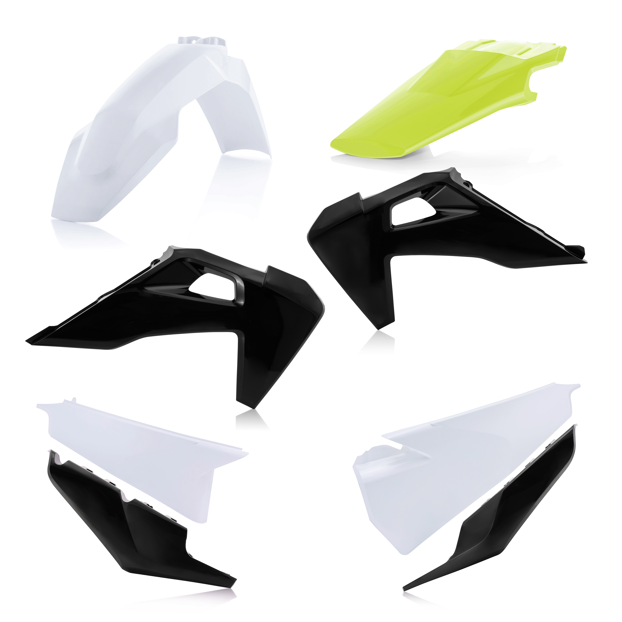 Plastikteile für deine Husqvarna FC / TC 125-450 in weiß-schwarz bestehend aus Kotflügel vorn Kotflügel hinten Kühlerspoiler Seitenteile