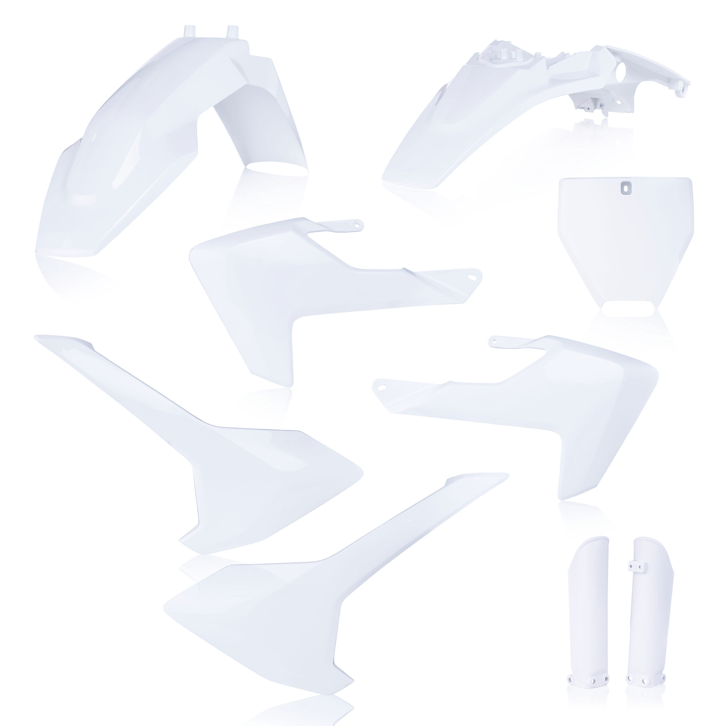 Plastikteile für deine Husqvarna TC 65 in weiß bestehend aus Kotflügel vorn Kotflügel hinten Kühlerspoiler Seitenteile Gabelschützer Startnummerntafel