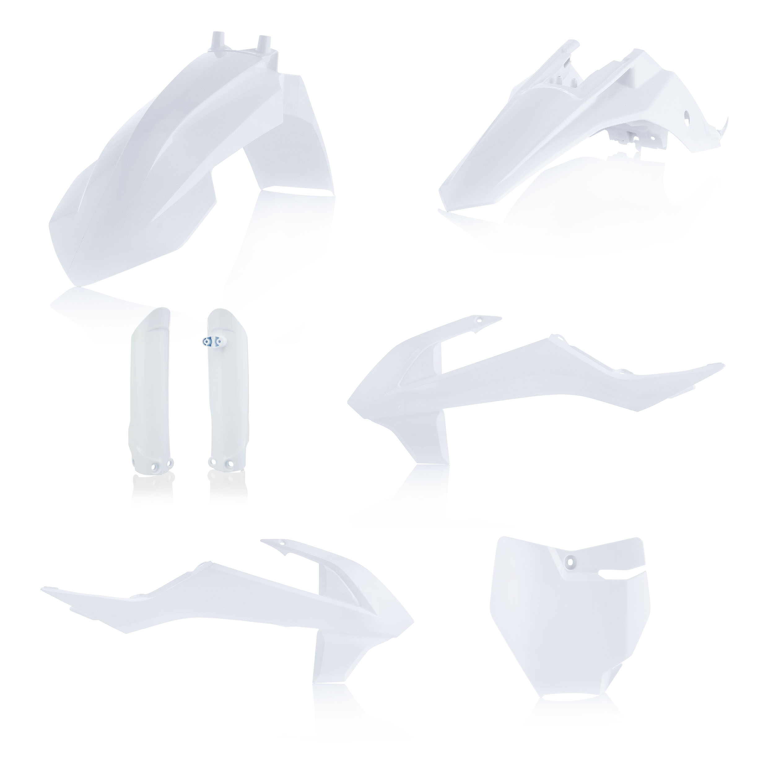 Plastikteile für deine KTM SX 65 in weiß2 bestehend aus Kotflügel vorn Kotflügel hinten Kühlerspoiler Seitenteile Gabelschützer Startnummerntafel