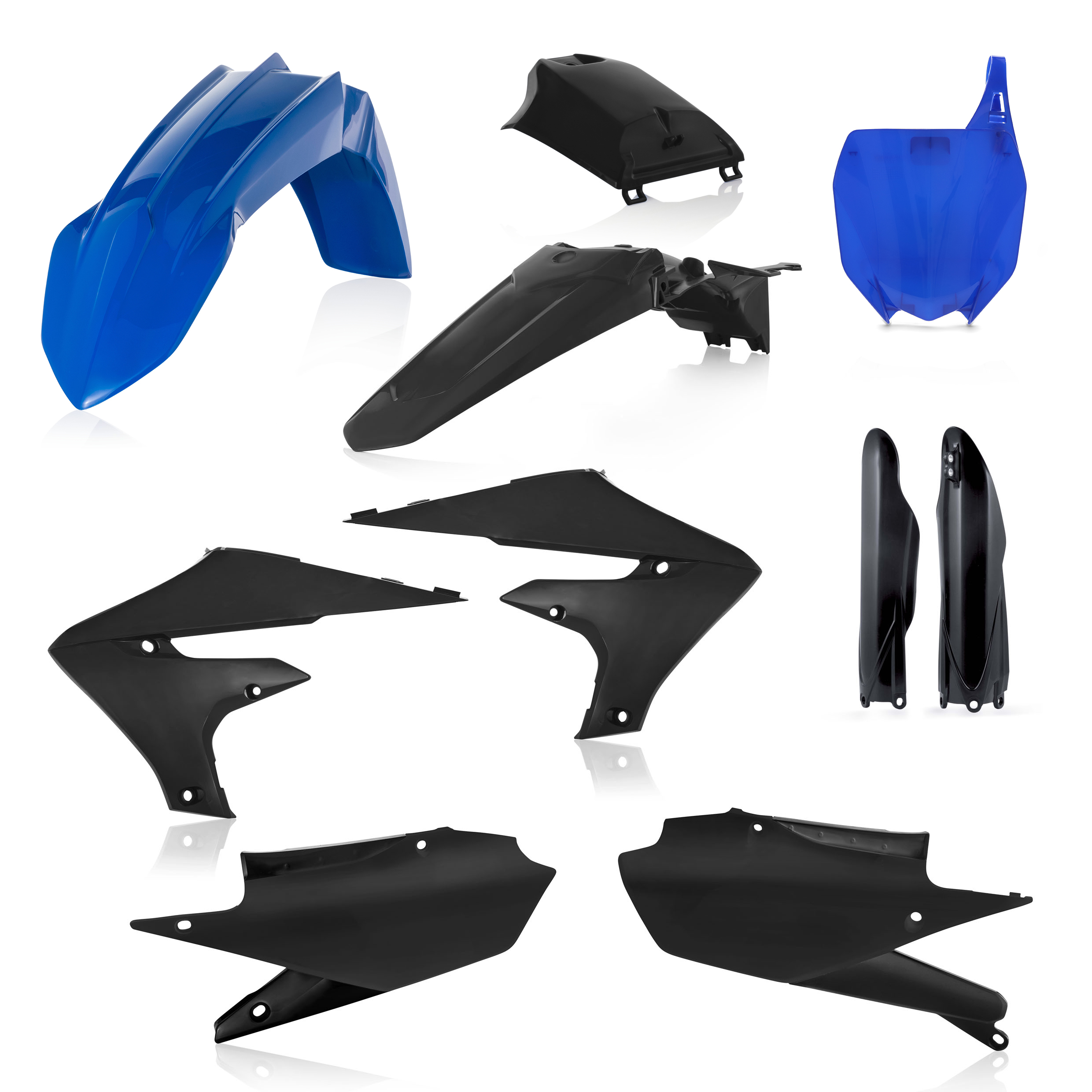 Plastikteile für deine Yamaha YZ 250/450 in schwarz-blau bestehend aus Kotflügel vorn Kotflügel hinten Kühlerspoiler Seitenteile Gabelschützer Startnummerntafel Air Box Cover
