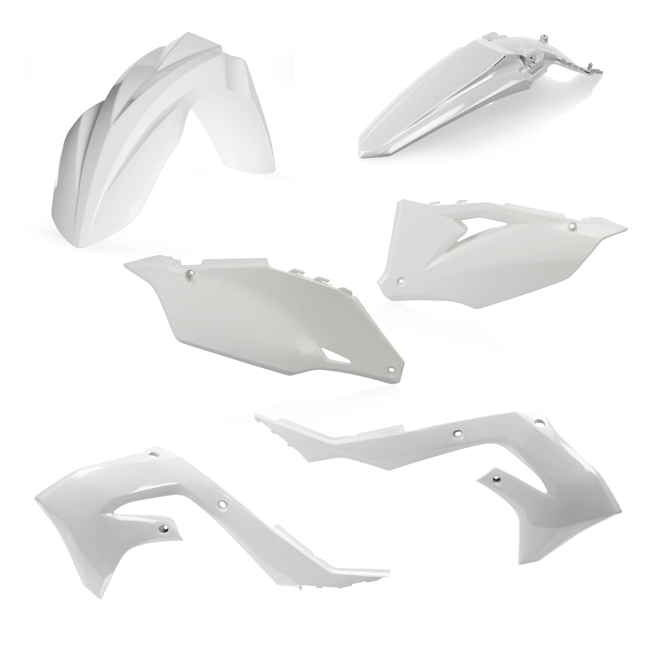 Plastikteile für deine Kawasaki KX 250-450 in weiß bestehend aus Kotflügel vorn Kotflügel hinten Kühlerspoiler Seitenteile