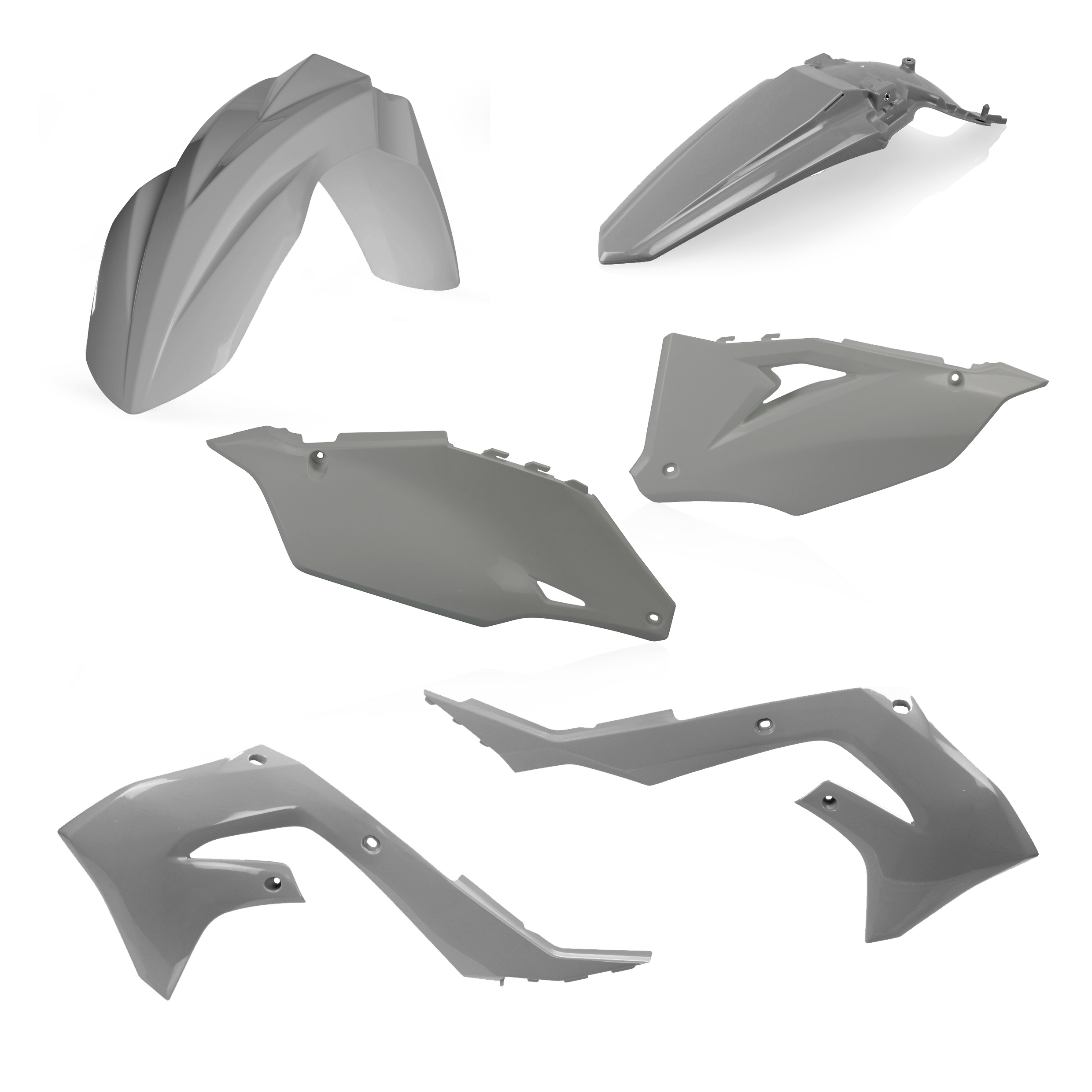 Plastikteile für deine Kawasaki KX 250-450 in grau bestehend aus Kotflügel vorn Kotflügel hinten Kühlerspoiler Seitenteile
