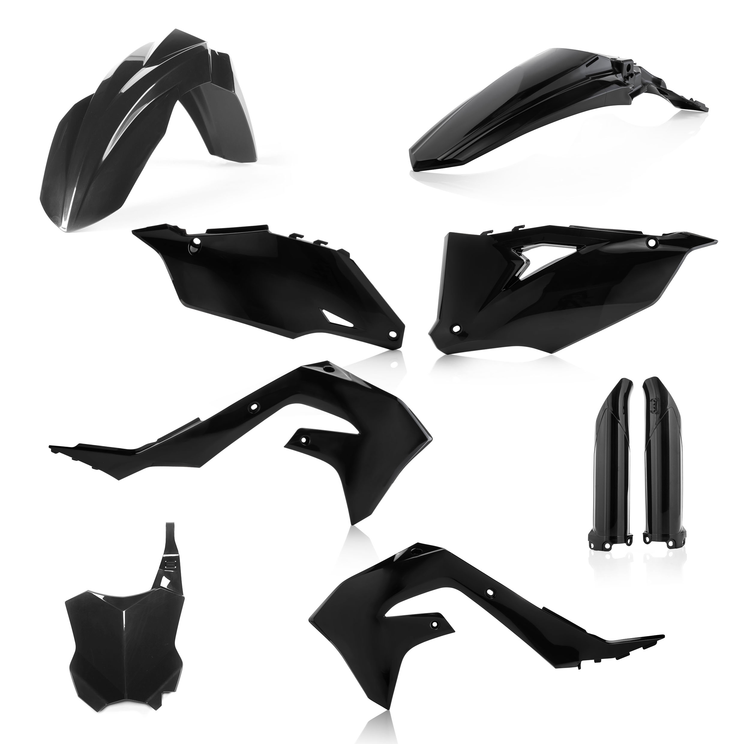 Plastikteile für deine Kawasaki KX 250-450 in schwarz bestehend aus Kotflügel vorn Kotflügel hinten Kühlerspoiler Seitenteile Gabelschützer Startnummerntafel