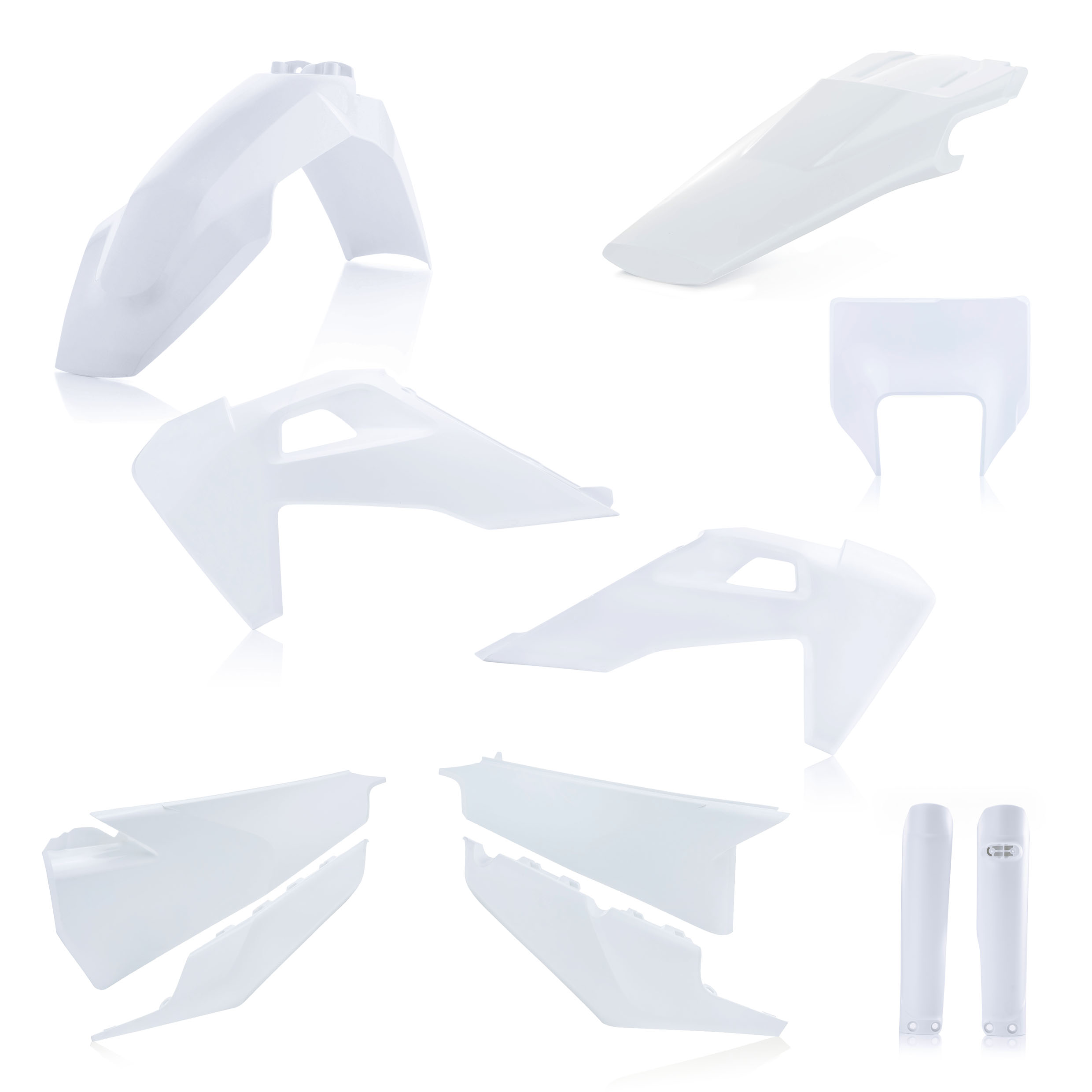 Plastikteile für deine Husqvarna FE / TE 250-501 in weiß bestehend aus Kotflügel vorn Kotflügel hinten Kühlerspoiler Seitenteile Gabelschützer Lampenmaske