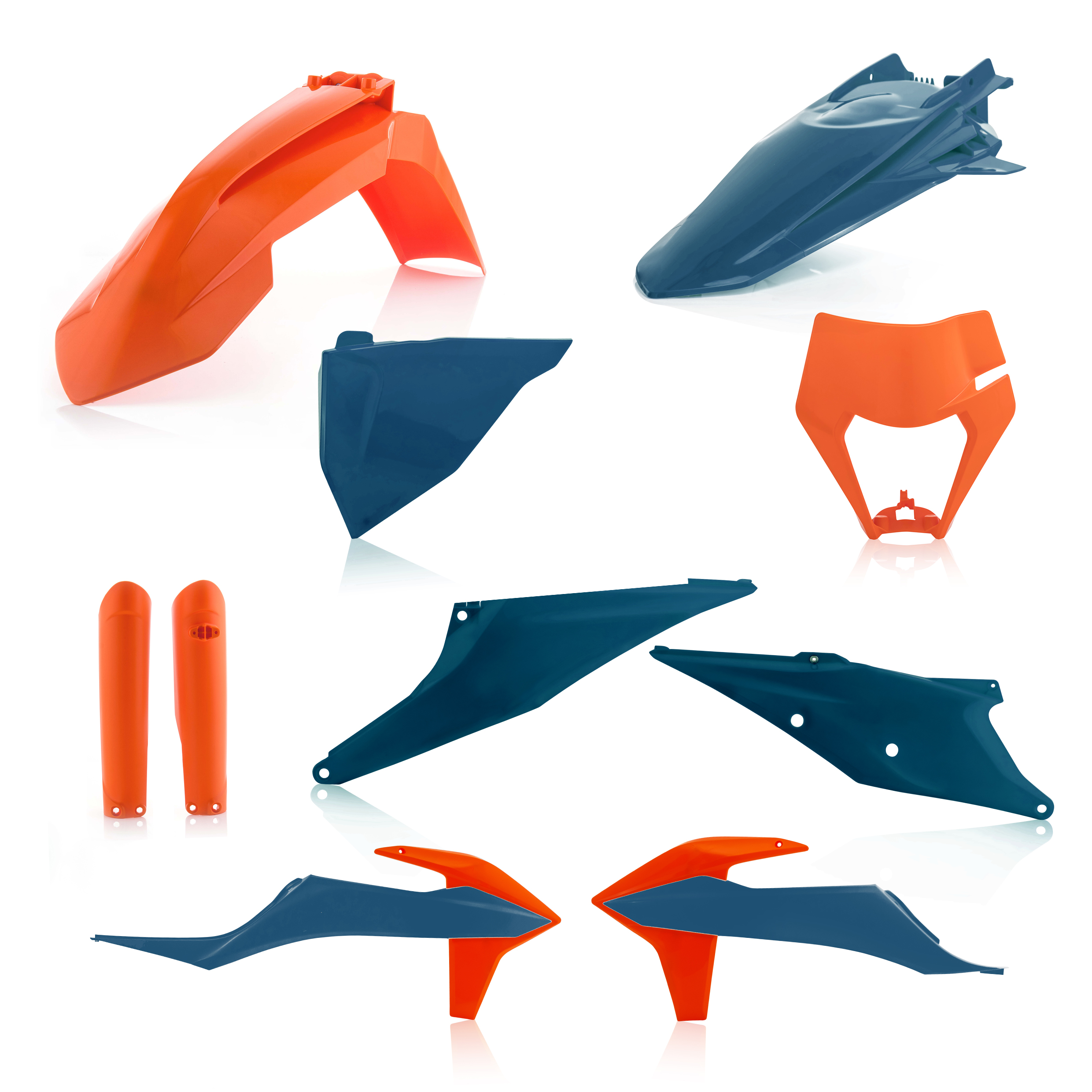 Plastikteile für deine KTM EXC / EXC-F 250-500 in blau-orange bestehend aus Kotflügel vorn Kotflügel hinten Kühlerspoiler Seitenteile Gabelschützer Air Box Cover Lampenmaske