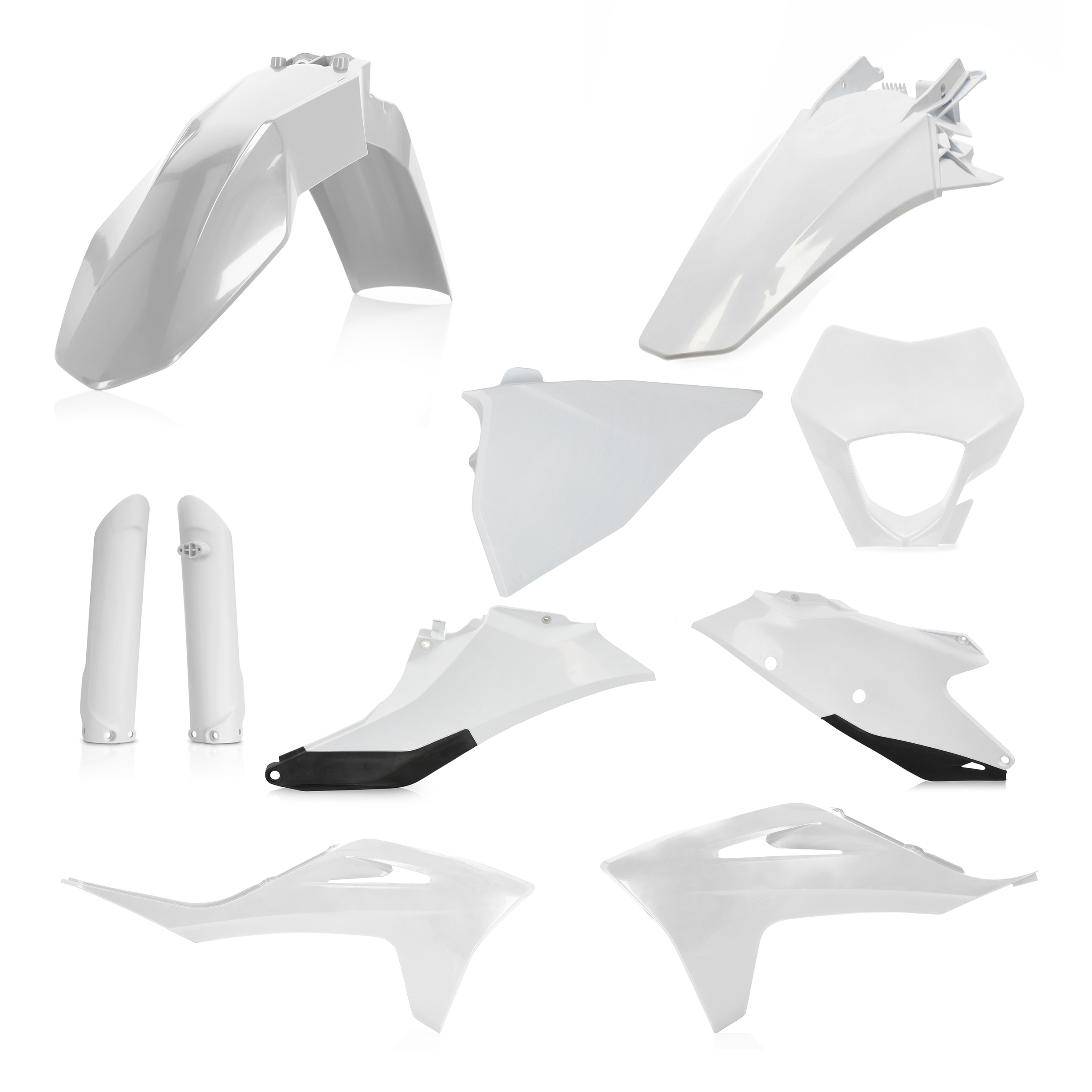 Plastikteile für deine Gas Gas EC 250 in weiß-schwarz bestehend aus Kotflügel vorn Kotflügel hinten Kühlerspoiler Seitenteile Gabelschützer Air Box Cover Lampenmaske