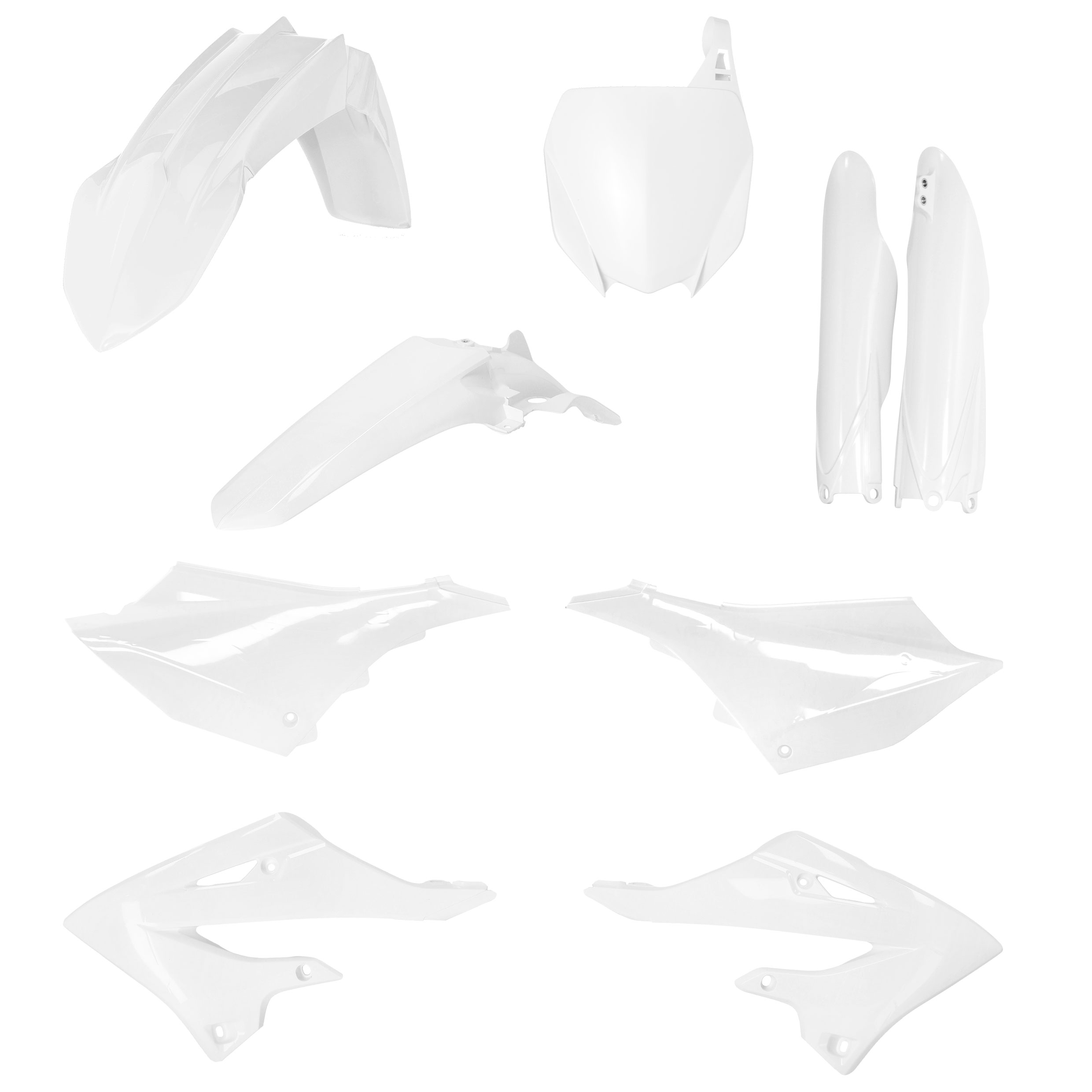 Plastikteile für deine Yamaha YZ 125/250 in weiß bestehend aus Kotflügel vorn Kotflügel hinten Kühlerspoiler Seitenteile Gabelschützer Startnummerntafel