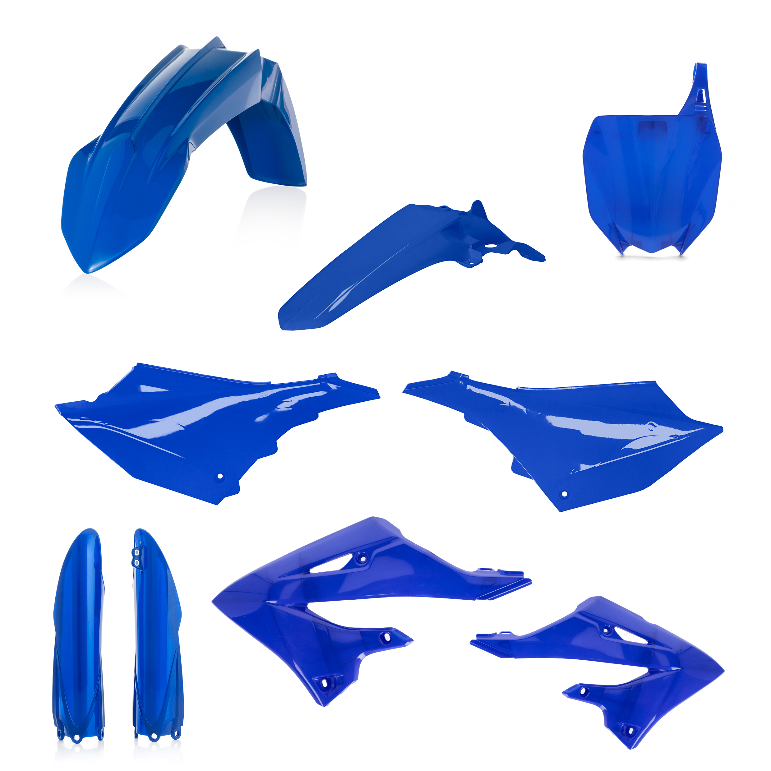 Plastikteile für deine Yamaha YZ 125/250 in blau bestehend aus Kotflügel vorn Kotflügel hinten Kühlerspoiler Seitenteile Gabelschützer Startnummerntafel