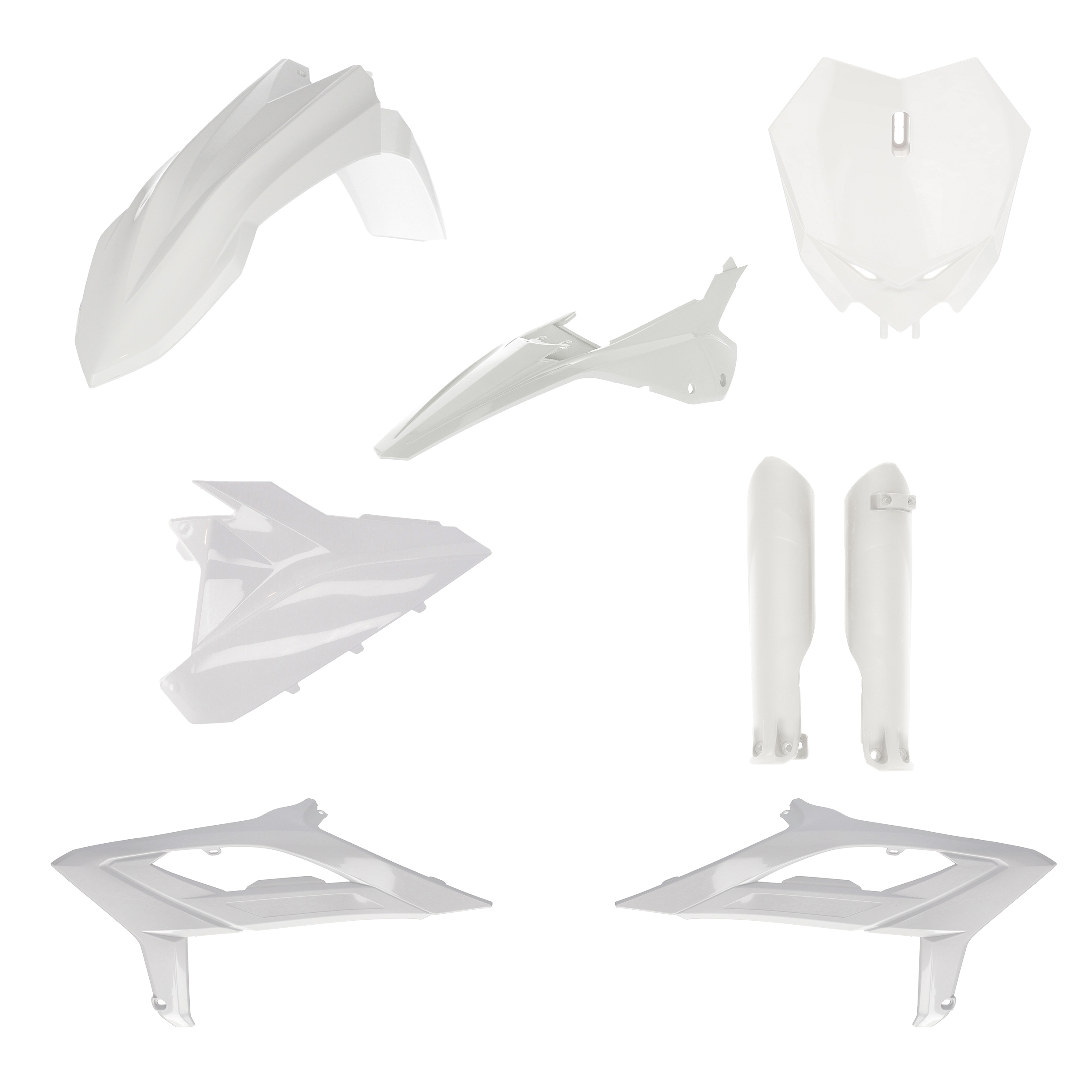 Plastikteile für deine Beta RX 300-450 in weiß bestehend aus Kotflügel vorn Kotflügel hinten Kühlerspoiler Gabelschützer Startnummerntafel Air Box Cover