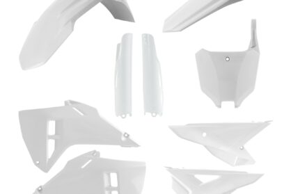 Plastikteile für deine Honda CRF / CR 250-450 in weiß bestehend aus Kotflügel vorn Kotflügel hinten Kühlerspoiler Seitenteile Gabelschützer Startnummerntafel